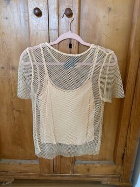 Anthropologie Cream Mesh Short-Sleeve Layered Top